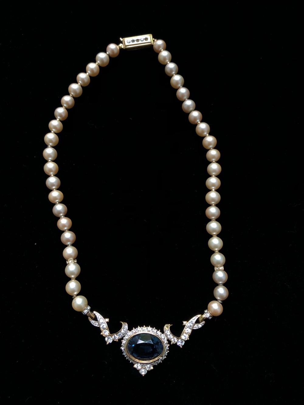 Nina Ricci Blue Glass, Rhinestones and Pearl Necklace Vintage